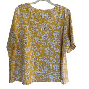 d & co Yellow Floral V-Neck Women’s 2X Cropped Blouse Spring Beach Comfy